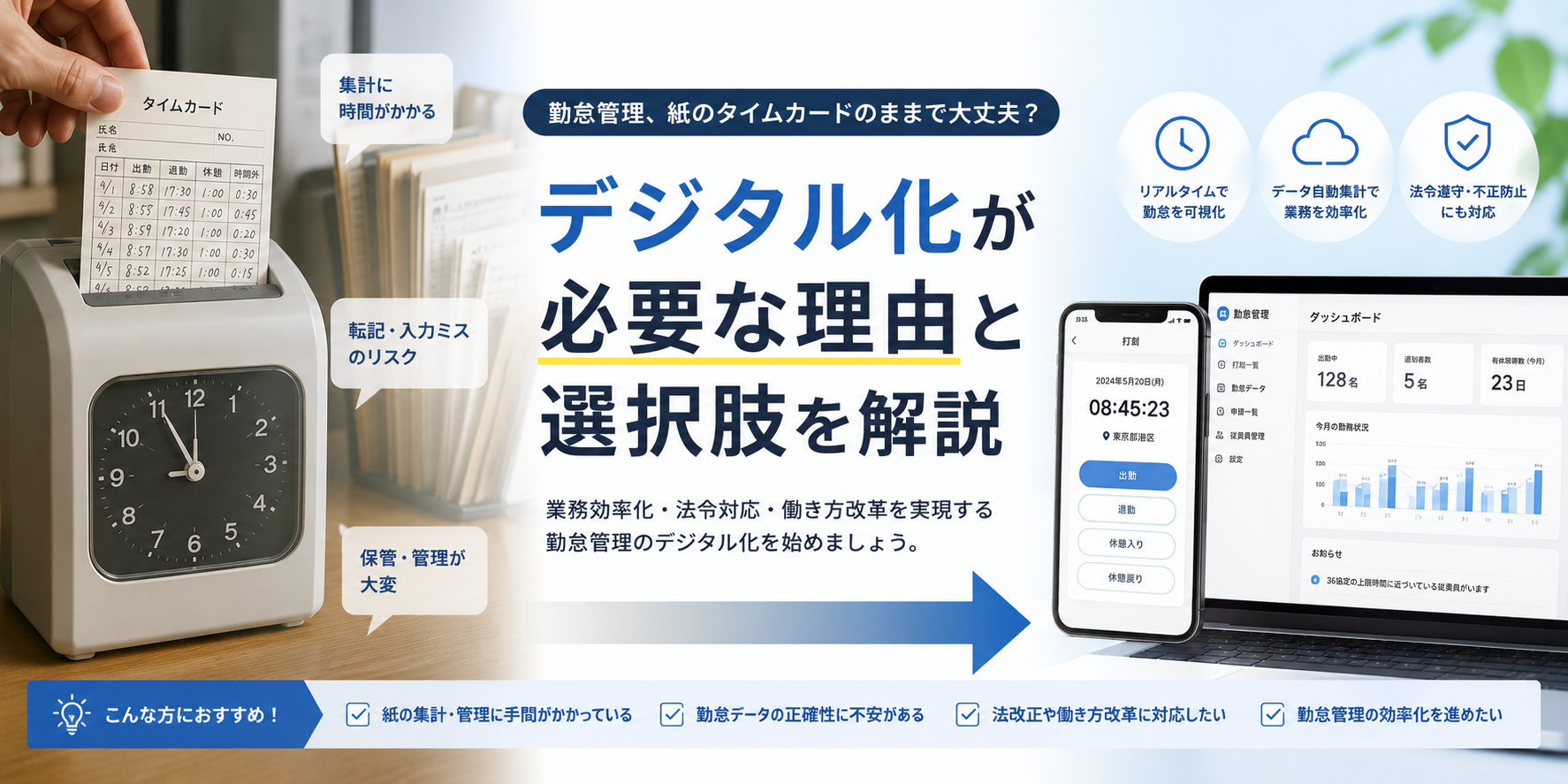 勤怠管理、紙のタイムカードのままで大丈夫？——デジタル化が必要な理由と選択肢を解説